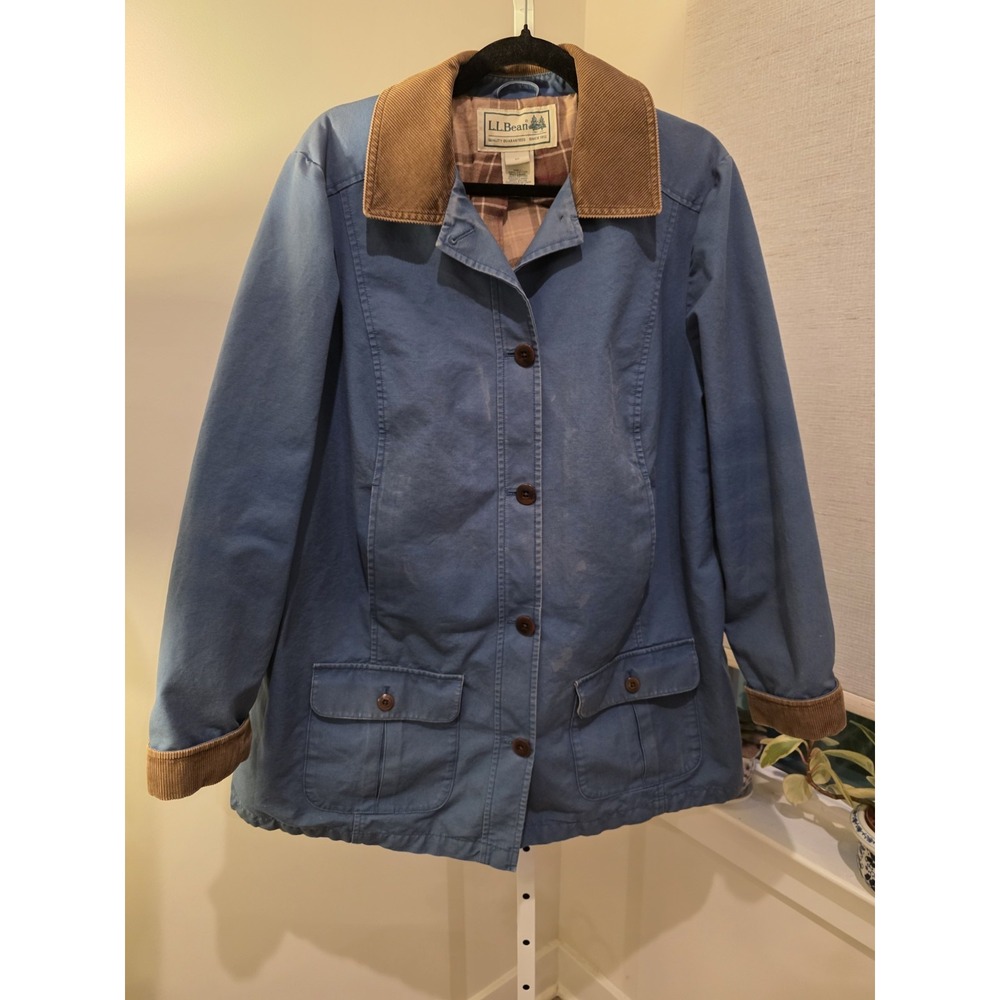 LL Bean Chore Barn Coat 1X Women's Blue Flannel Lined Vintage Cottage 90s